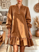 Vintage Chic Ruffle Zip Art Casual Stylish Long Sleeve Suede Dress