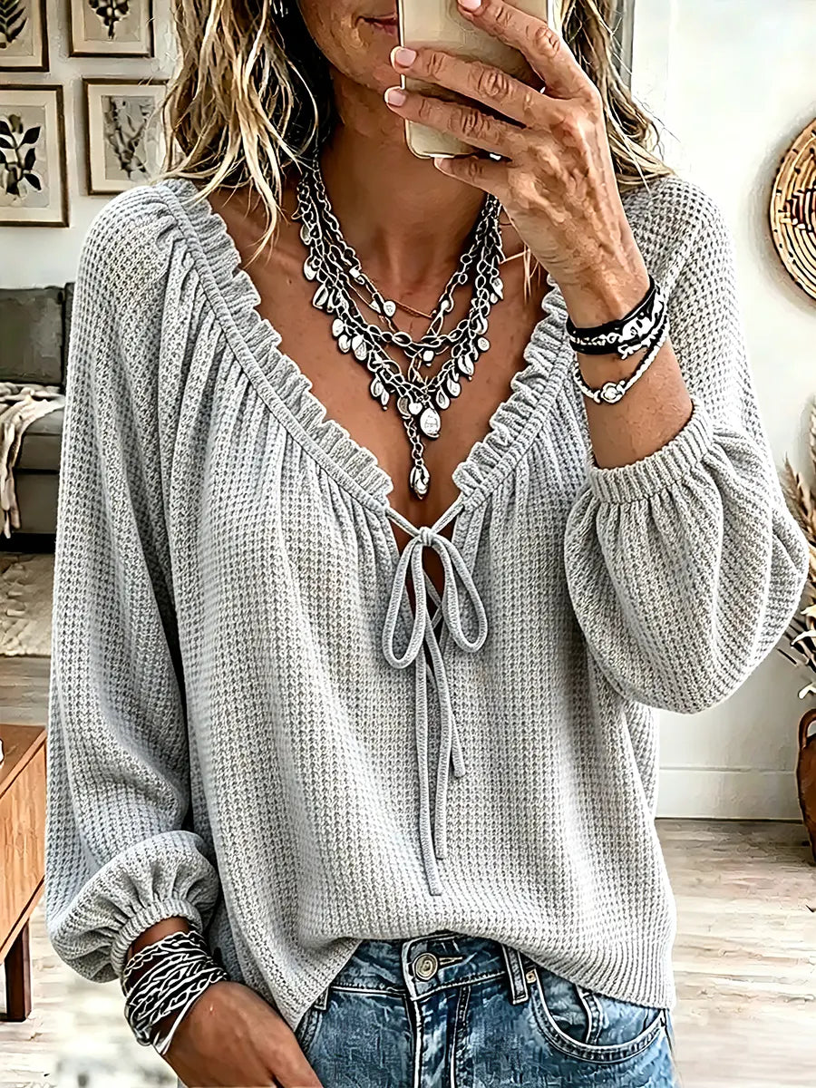 Women's Vintage Elegant Waffle Drawstring Tie Shirt