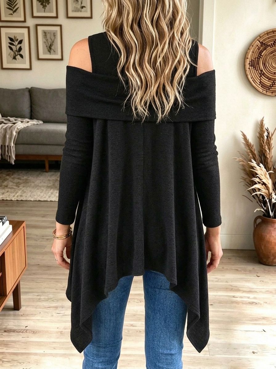 Women's Off Shoulder Long Sleeve Asymmetric Hem Casual Loose Knit Tunic Top