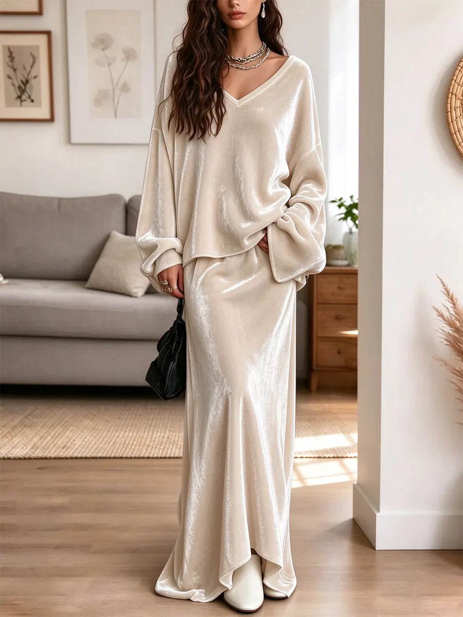 Retro Chic Velvet Art Casual Stylish Long Sleeve Top And Skirt Two-piece Set