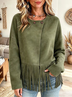 Vintage Elegant Suede Fringe Button Cardigan Jacket
