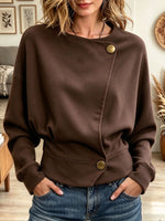 Women's Brown Asymmetric Button Down Batwing Sleeve Casual Fall Blouse Top