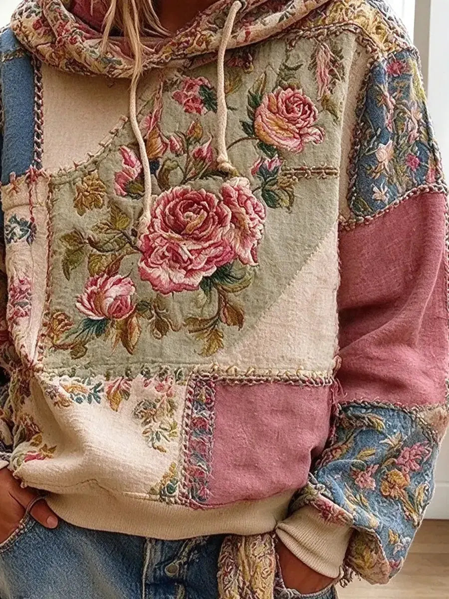 Vintage Floral Pattern Art Casual Stylish Long Sleeve Hooded Sweatshirt