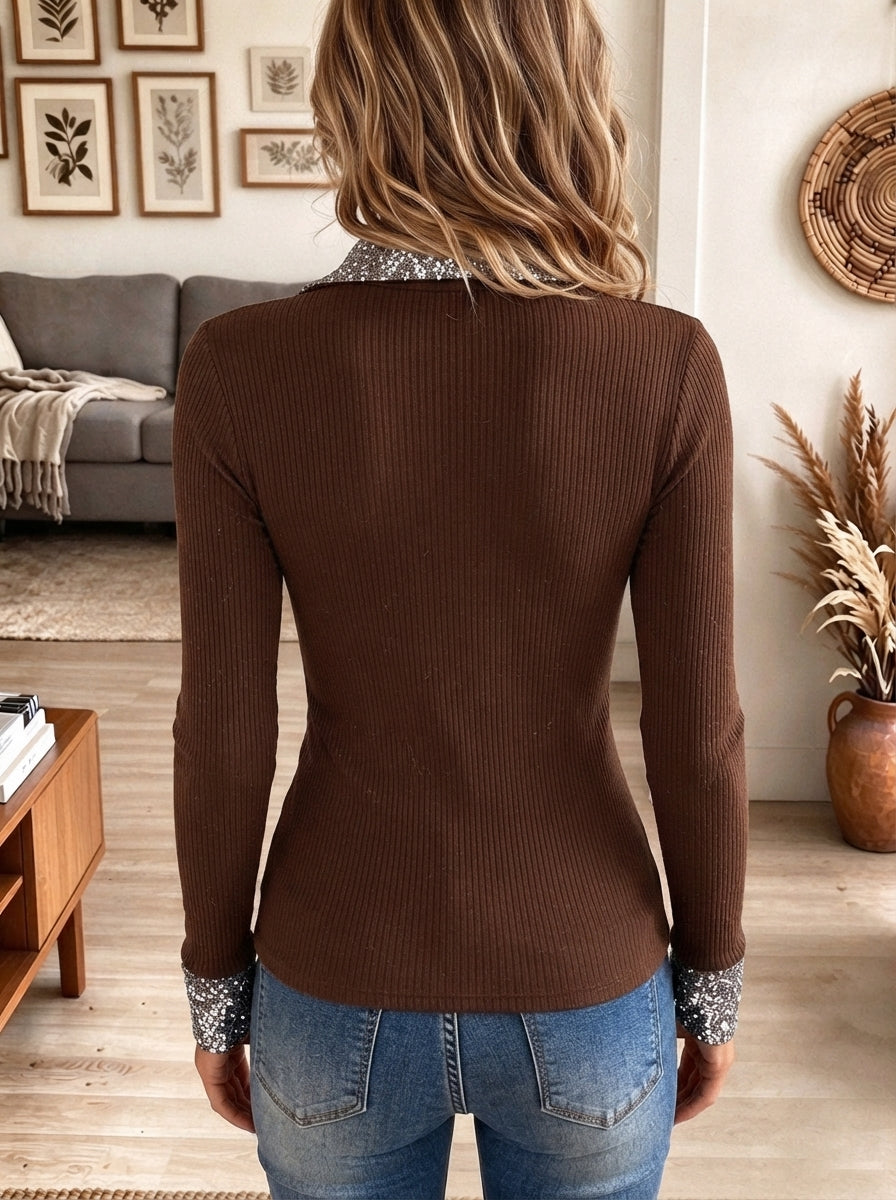 Women's Brown Ribbed Knit Top with Sparkly Sequin Collar and Cuffs