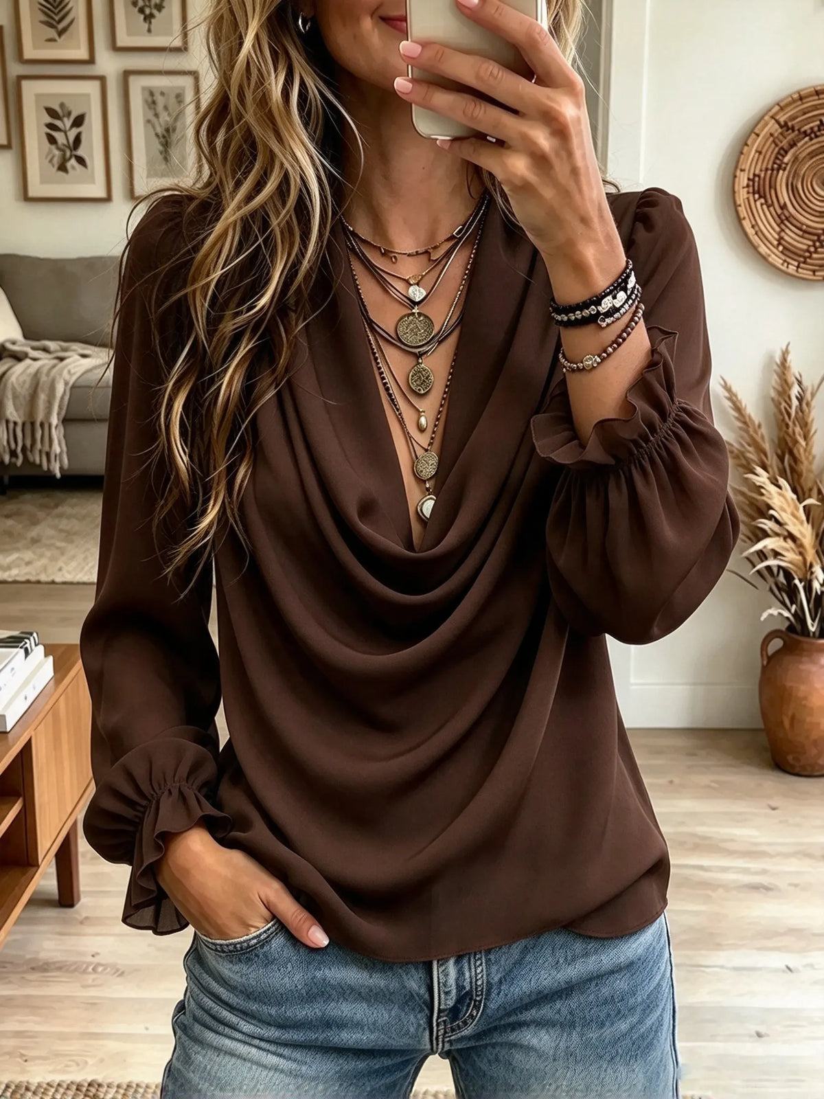 Women's Draped Cowl Neck Ruffle Cuff Blouse