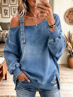 Women's Asymmetrical Overall Strap Washed Denim Sweatshirt