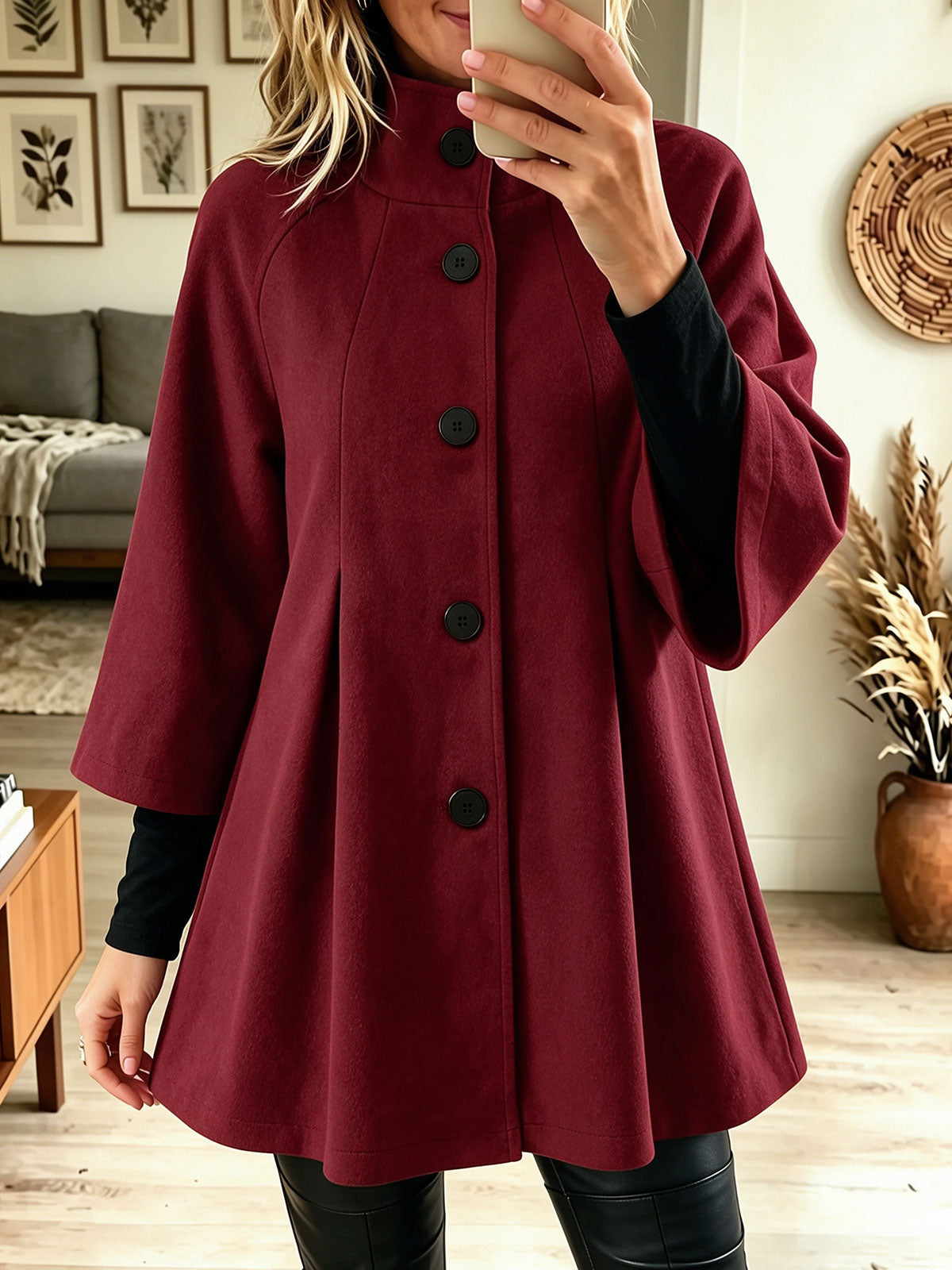 Women's Stand Collar A-Line Cape Coat, 3/4 Sleeve Single Breasted Wool Blend Jacket