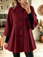 Women's Stand Collar A-Line Cape Coat, 3/4 Sleeve Single Breasted Wool Blend Jacket