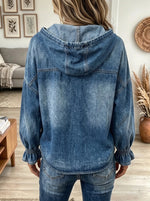 Women's Washed Denim Drawstring Button-Front Hoodie