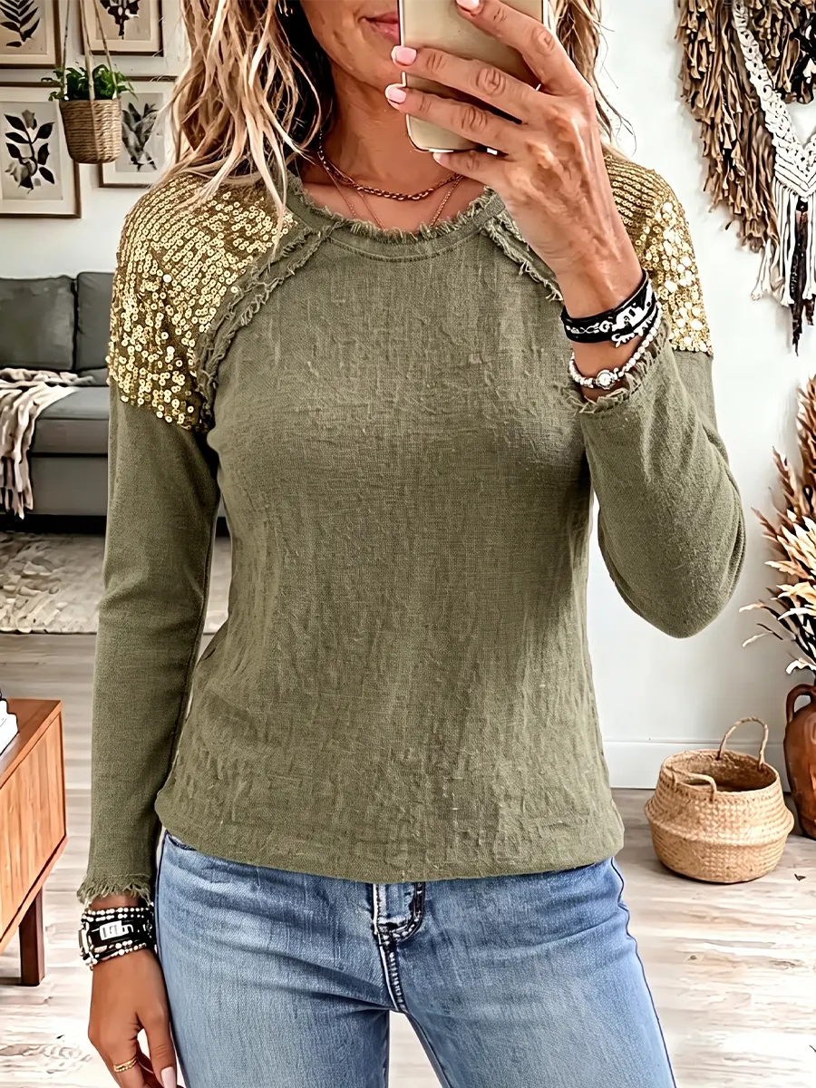 Vintage Elegant Sequin Paneled Cotton-linen Blend Shirt