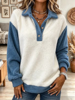Women's Color Blocked Collared Plush Pullover Top