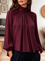 Women's High Neck Pleated Chiffon Blouse Long Lantern Sleeve Top
