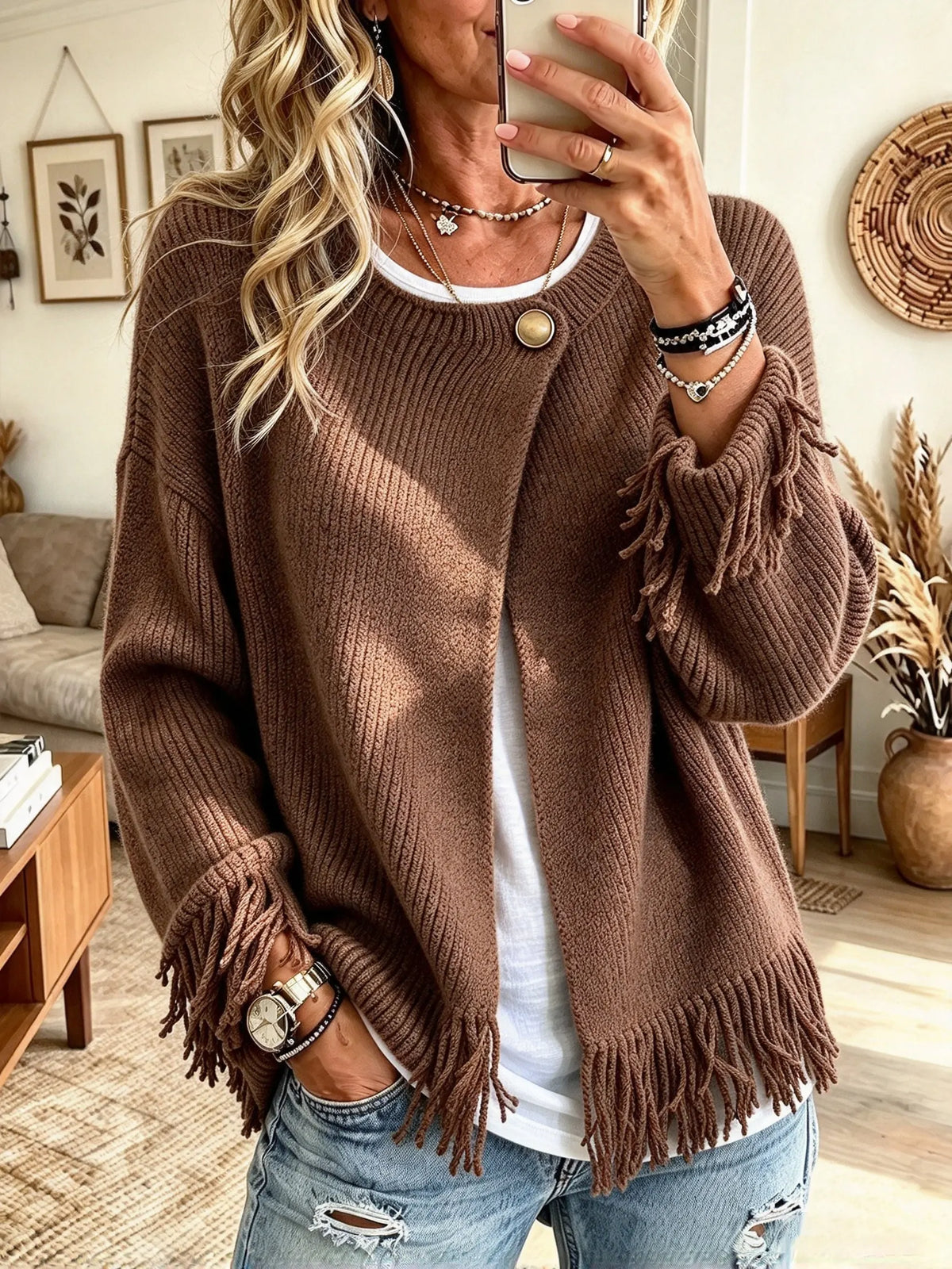 Women's Single Button Fringe Trim Knit Cardigan