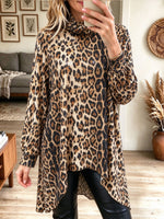 Women's Leopard Print Cowl Neck Sequin Detail Long Sleeve Casual Tunic Top