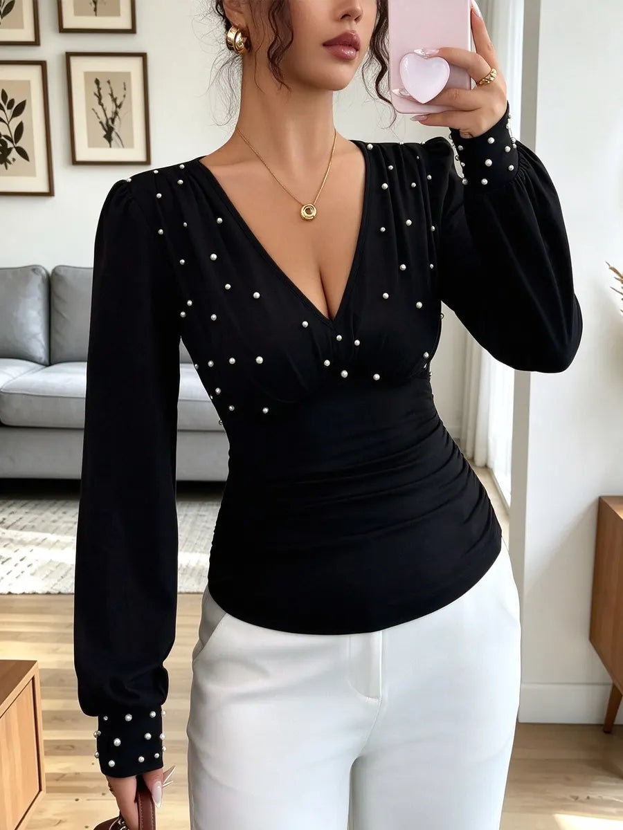 Vintage Elegant V Collar Pearl Art Casual Stylish Long Sleeve Shirt