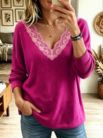 Women's V Neck Lace Trim Knit Sweater, Long Sleeve Loose Fit Pullover