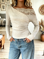 Vintage Elegant Knitted Fabric Off-the-shoulder Patchwork Lace Shirt