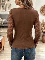 Women's Scalloped Floral Lace V-Neck Ribbed Top