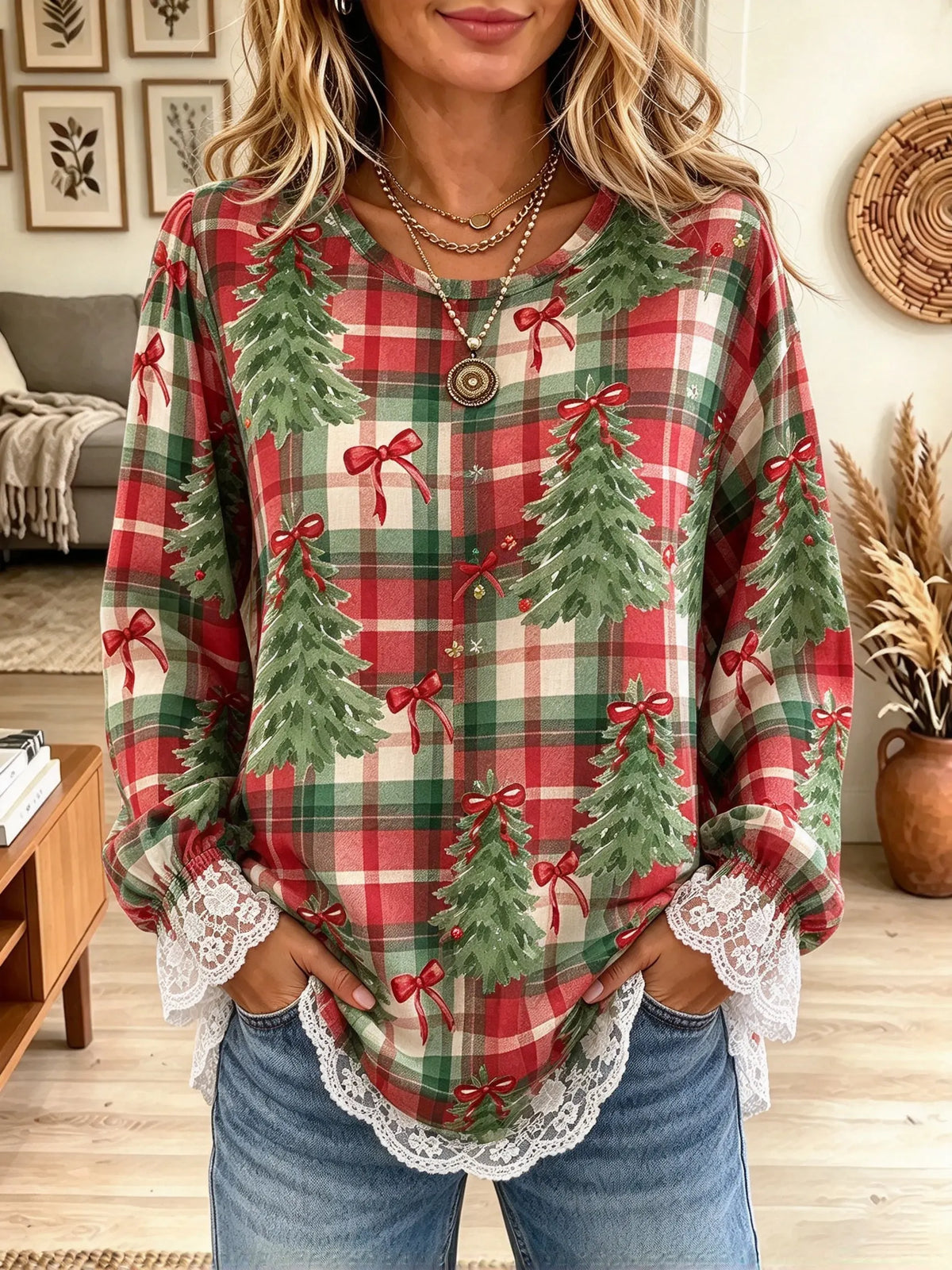 Women's Christmas Tree Plaid Lace Trim Blouse