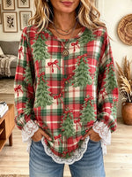 Women's Christmas Tree Plaid Lace Trim Blouse