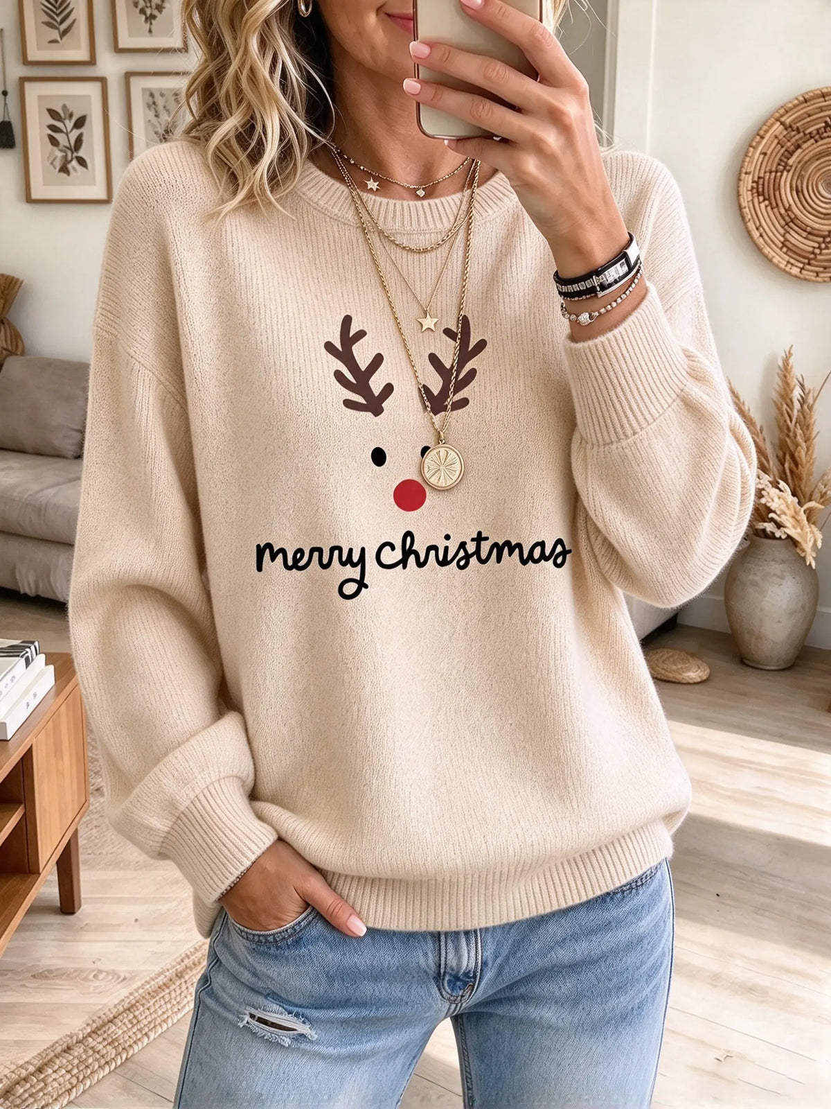 Women's Reindeer Print Knit Sweater