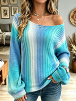 Women's Off Shoulder Ombre Knit Sweater, Long Sleeve Loose Fit Pullover