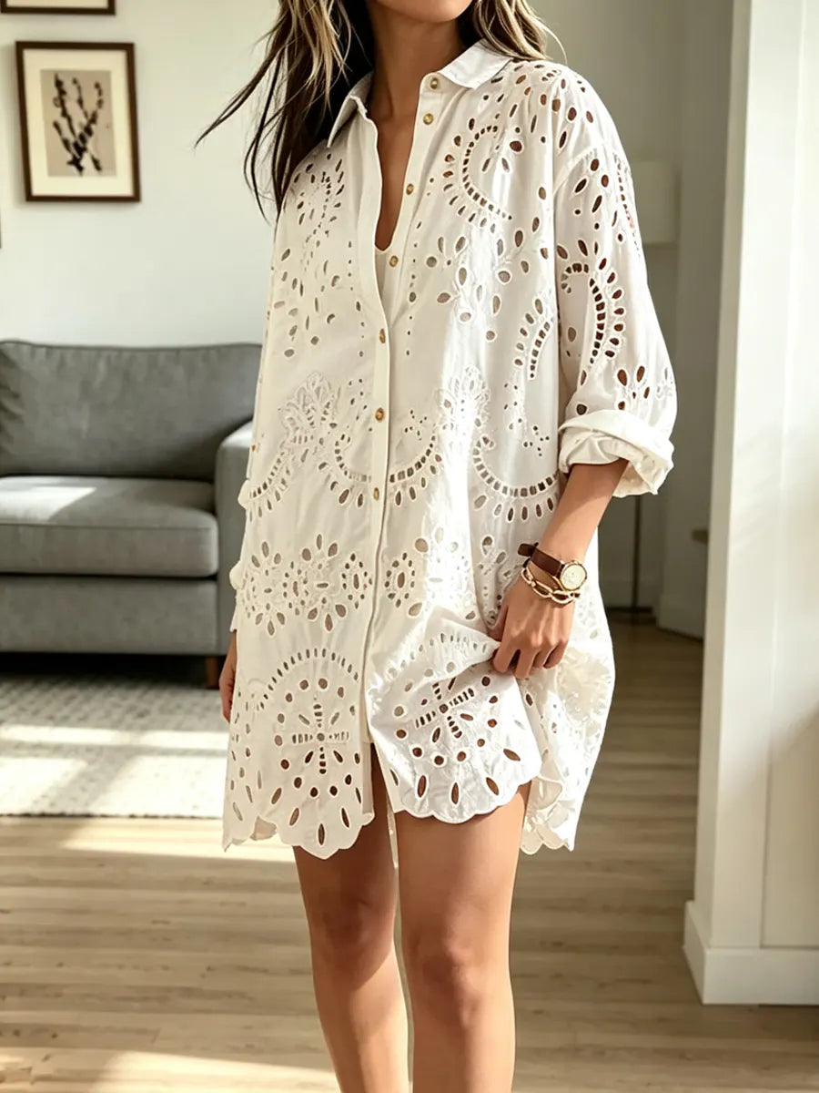 Retro Hollow Embroidery Art Lapel Casual Stylish Long Sleeve Cotton Shirt