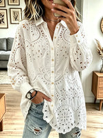 Retro Hollow Embroidery Art Lapel Casual Stylish Long Sleeve Cotton Shirt