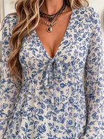Retro Floral Pattern Art Print Casual Stylish Long Sleeve Mesh V Collar Shirt