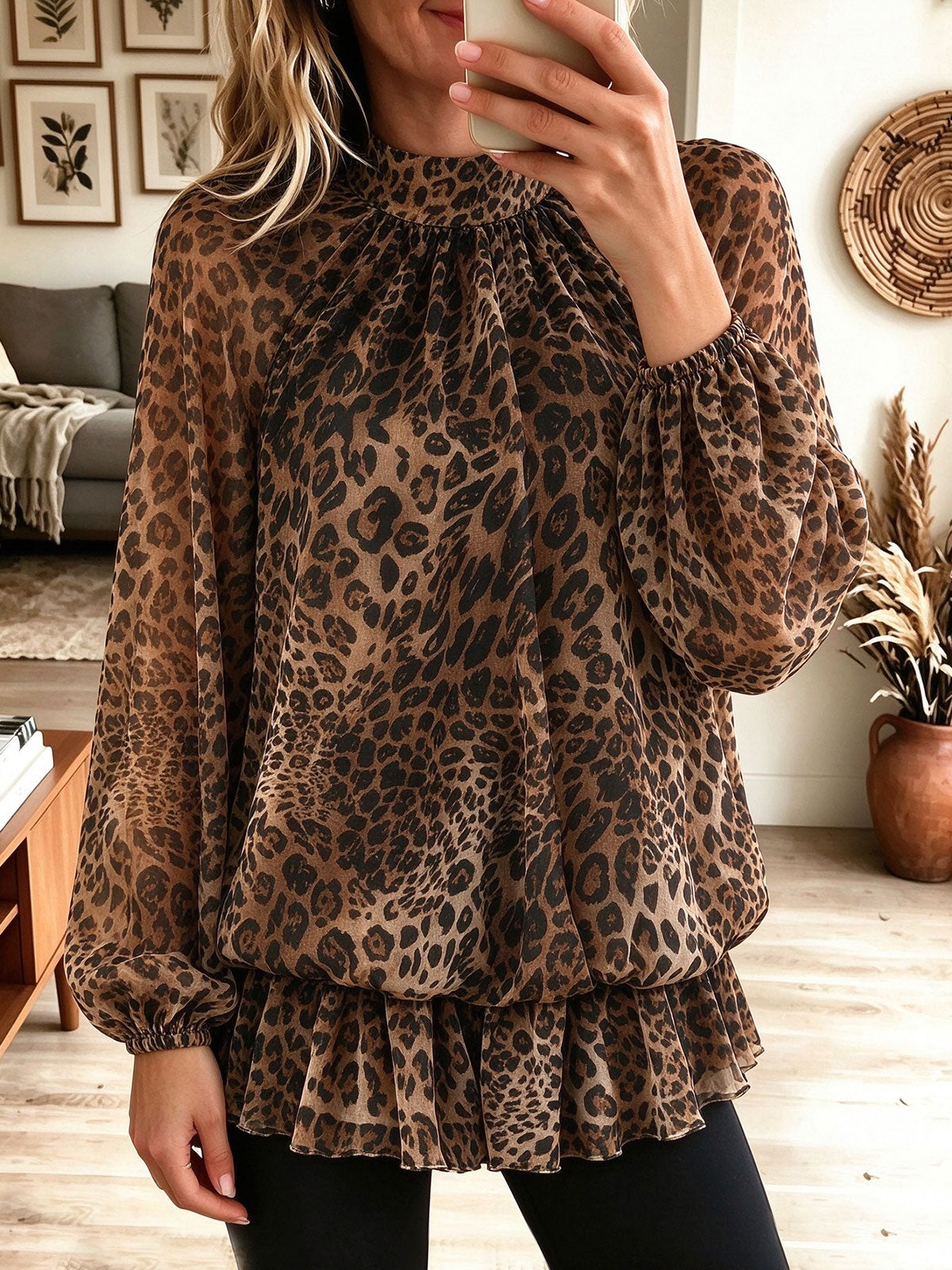 Women Leopard Mock Neck Lantern Sleeve Ruffle Hem Chiffon Tunic Blouse