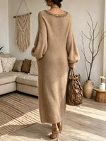 Women's Bohemian V-neck Lantern Sleeve Loose Sweater Maxi Dress