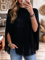 Women's Black Mock Neck Knit Poncho Sweater with Fringe Hem