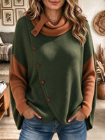Women's Green and Brown Colorblock Cowl Neck Asymmetric Button Sweater