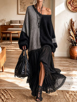 Women's V-neck Loose-fitting Tulle Patchwork Knit Dress