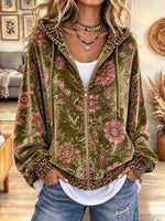 Women's Vintage Leopard And Floral Print Velvet Hooded Top