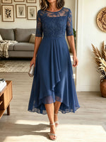 Women's Lace Chiffon Midi Formal Dress, Half Sleeve Floral Embroidery Cocktail Dress