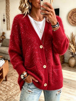 Women's Fuzzy Glitter Knit Button Cardigan