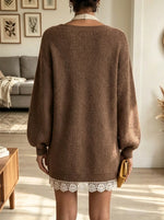 Women's Scalloped Lace Hem Button-Down Cardigan Sweater Dress