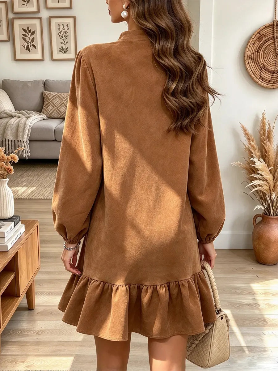Vintage Chic Ruffle Zip Art Casual Stylish Long Sleeve Suede Dress