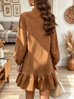 Vintage Chic Ruffle Zip Art Casual Stylish Long Sleeve Suede Dress