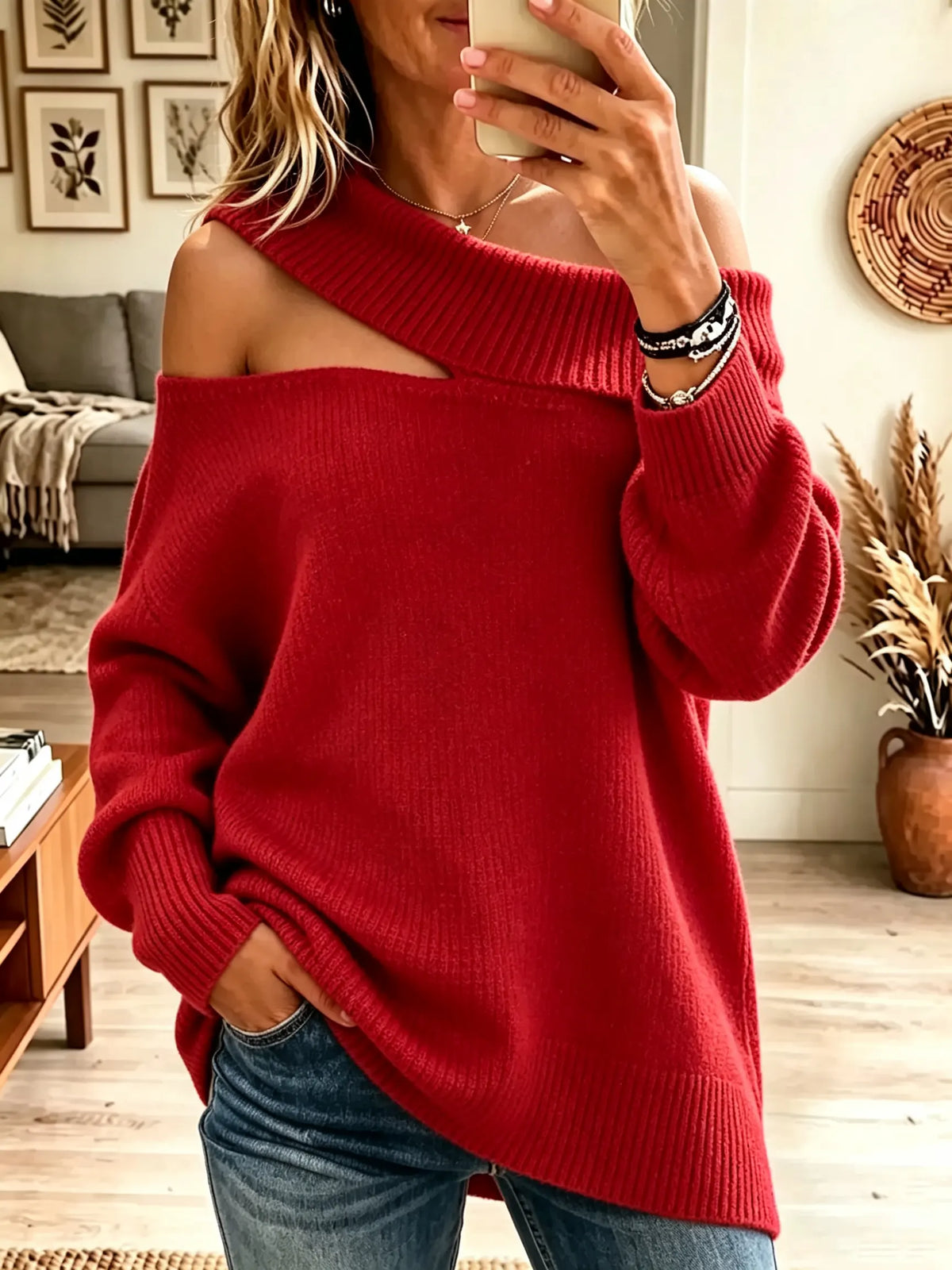 Women's Asymmetrical Cutout Cold-Shoulder Knit Sweater