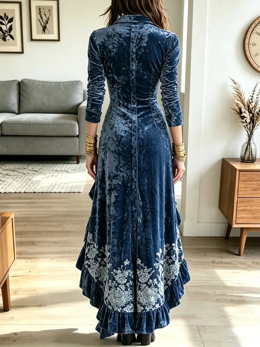 Vintage Ruffle Floral Pattern Art Velvet Casual Stylish Long Sleeve Dress