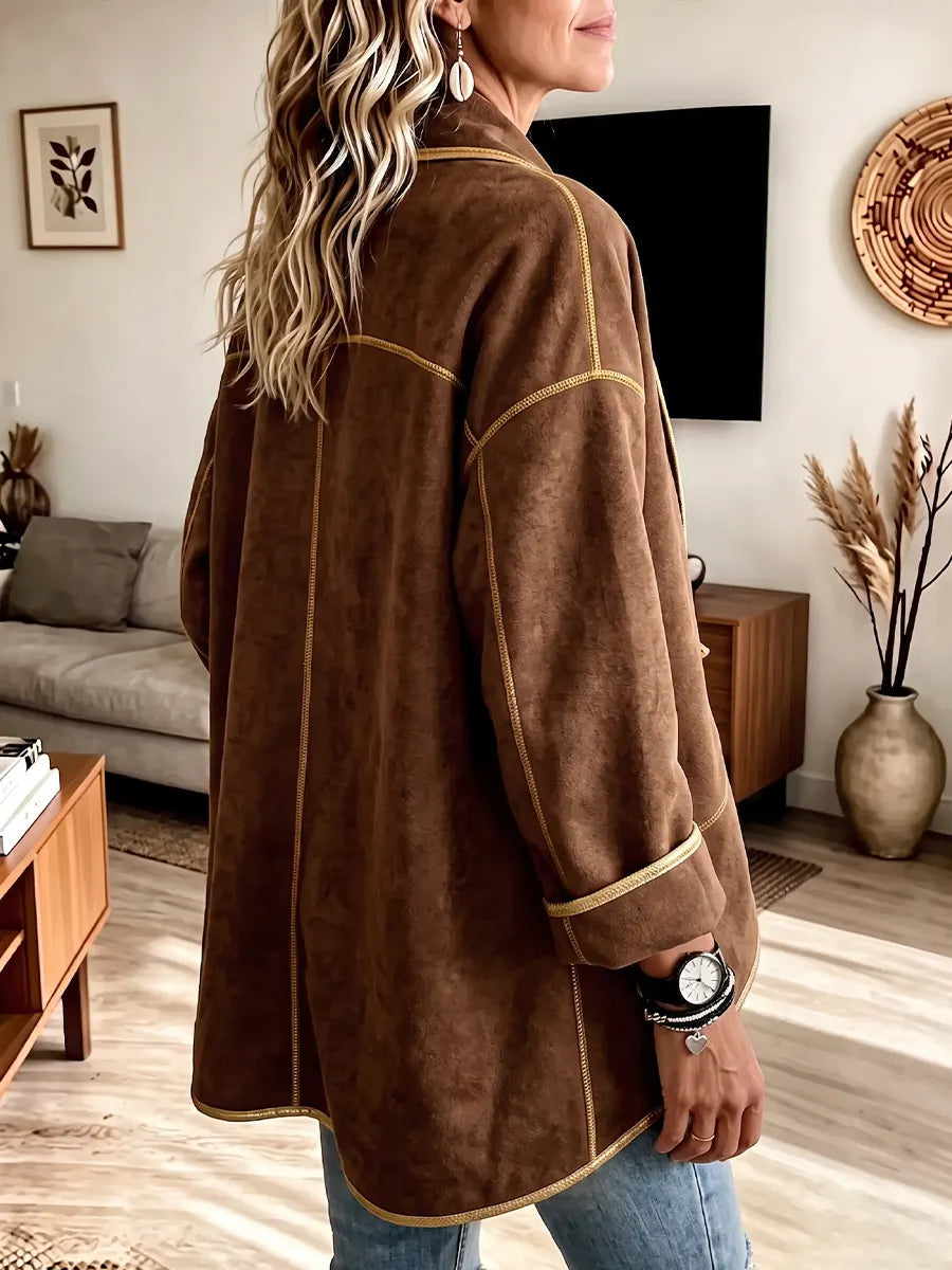 Women's Vintage Elegant Asymmetrical Suede Gold Trim Jacket