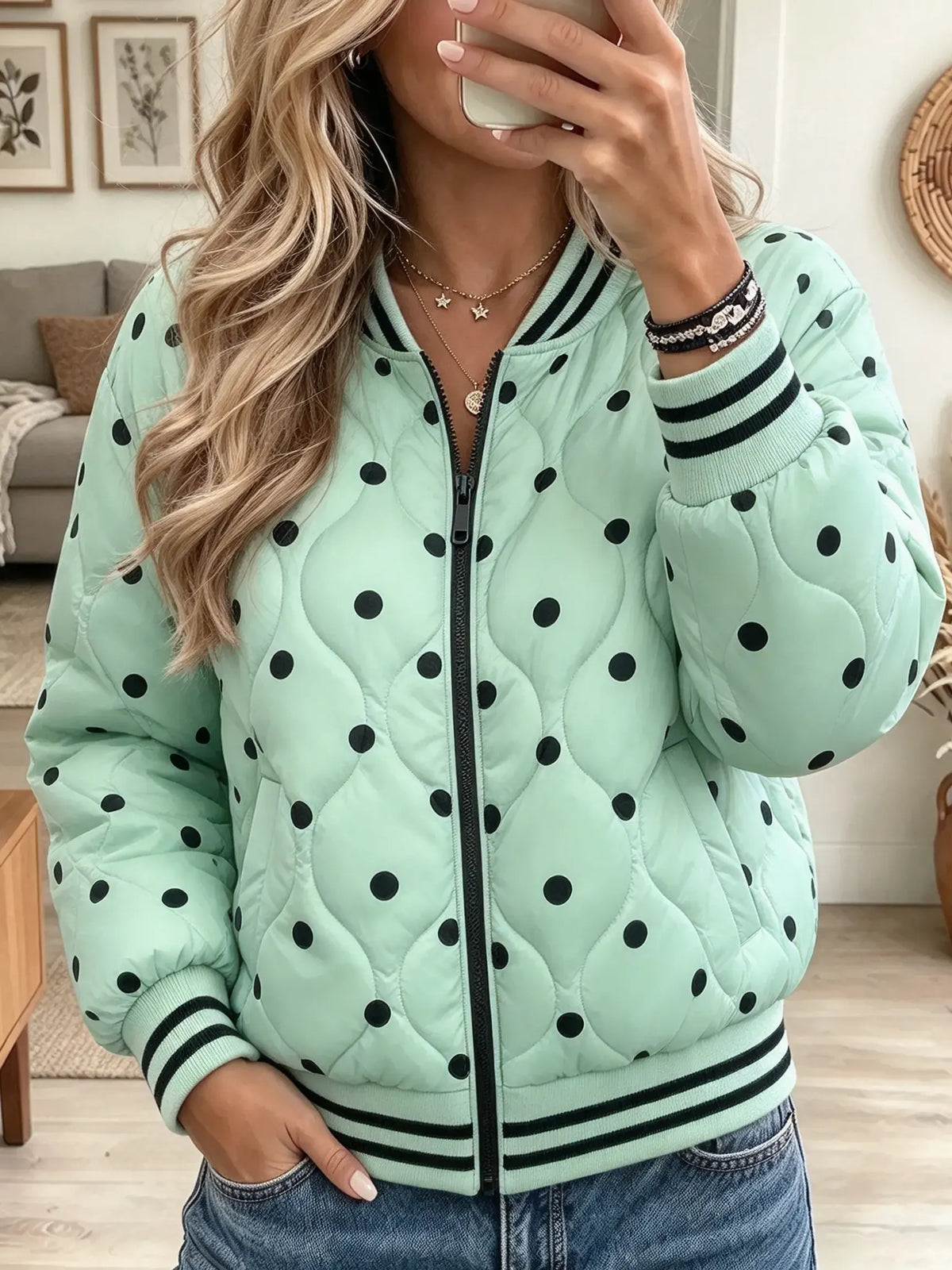 Women's Polka Dot Quilted Bomber Jacket