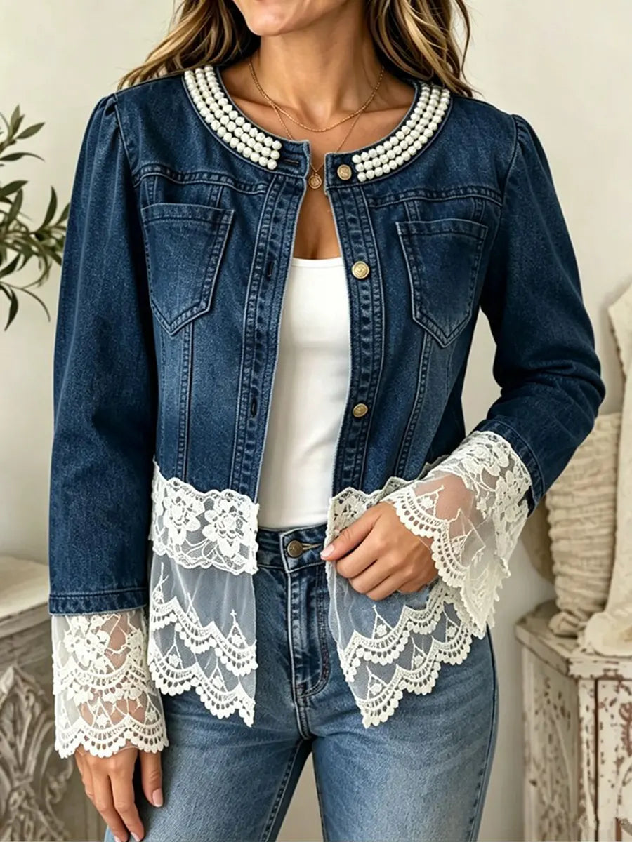 Retro Chic Lace Patchwork Pearl Art Casual Stylish Denim Long Sleeve Coat