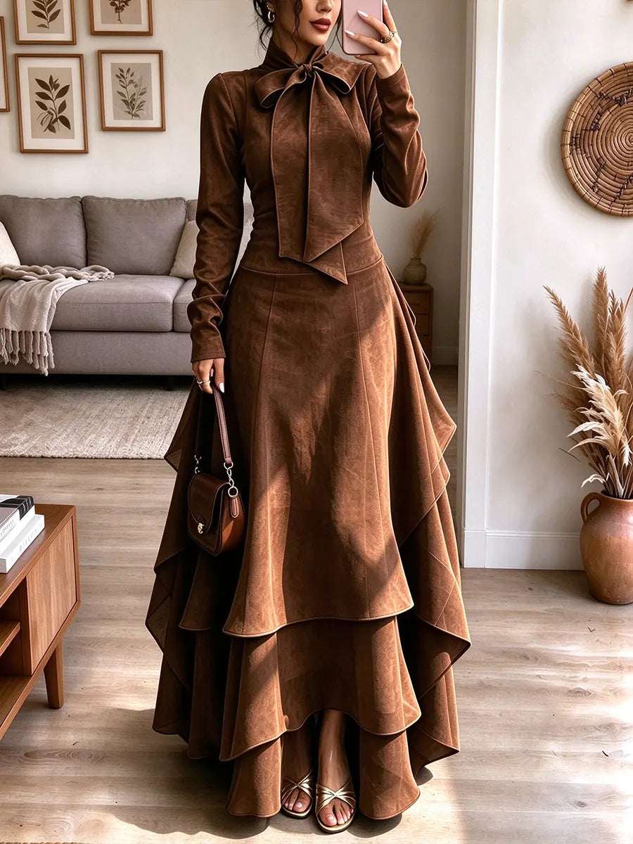 Women's Western Bow Tie Neck Long Sleeve Tiered Ruffle Irregular Hem Slim Fit Maxi Dress
