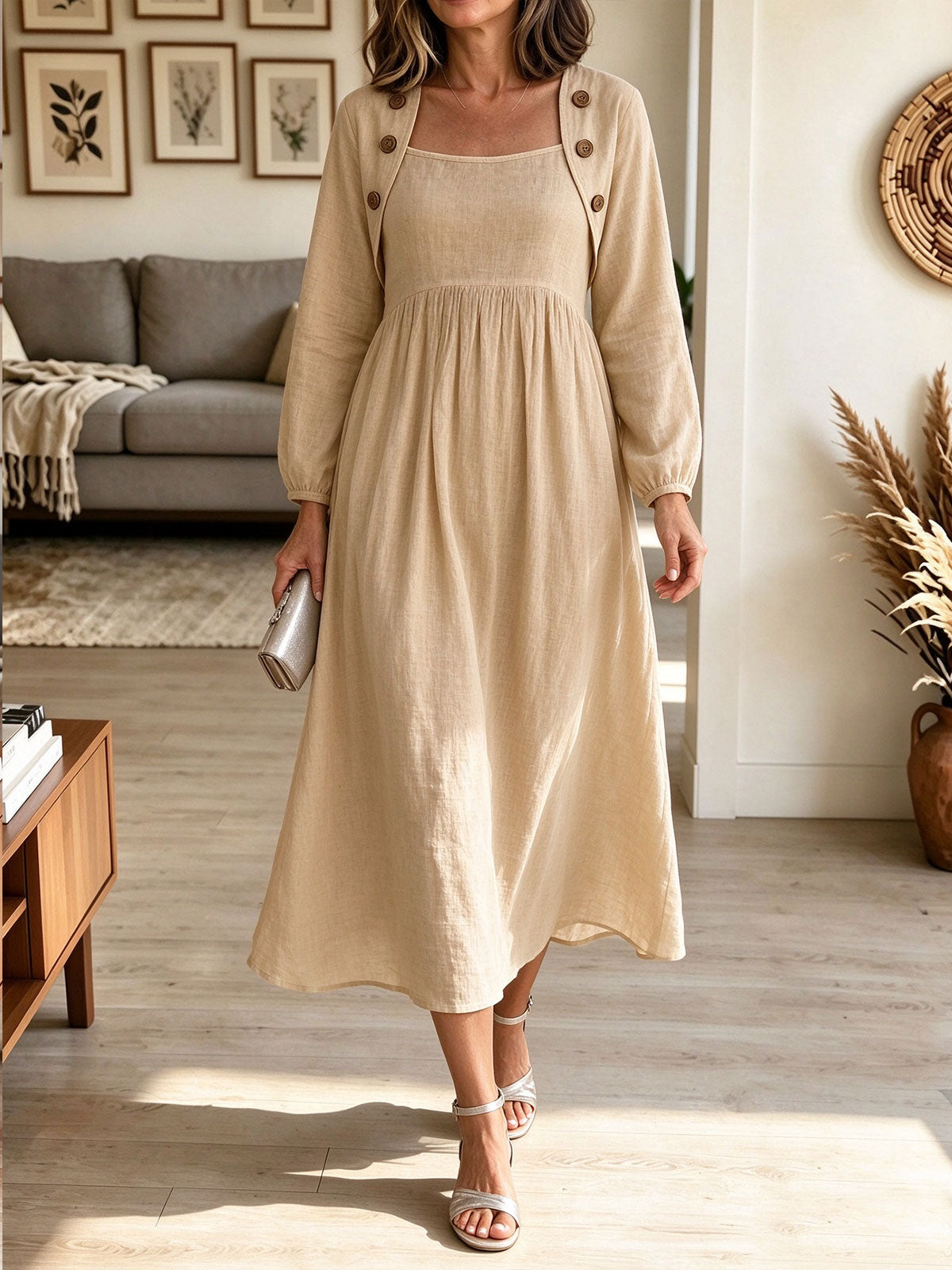 Women Beige Square Neck Fake Two-Piece Button Detail Long Sleeve Midi Dress