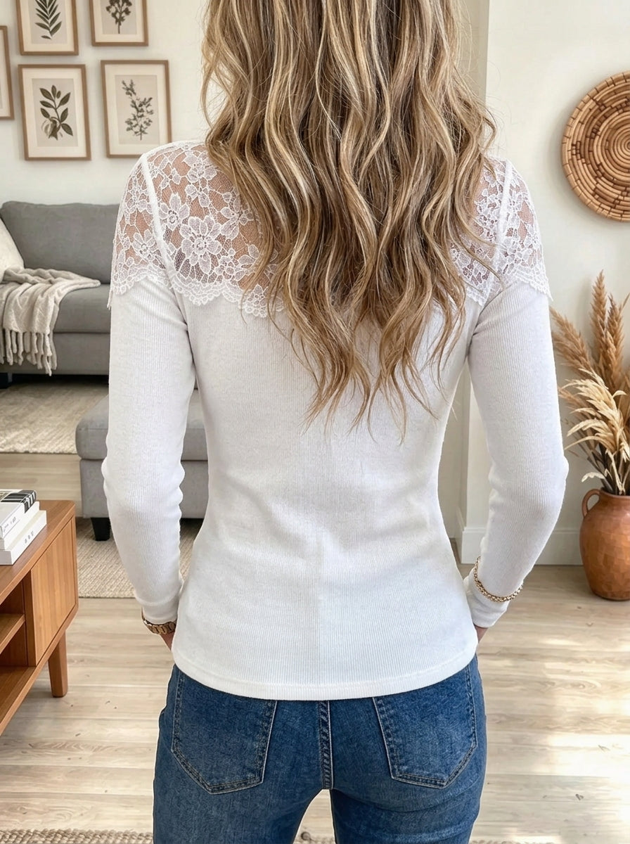 Women's Floral Lace Trim Ribbed Top