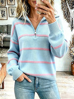 Vintage Elegant Striped Zip-neck Oversized Knit Pullover Sweater