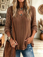 V Neck Lace Spliced Ribbed Long Sleeve Boho Top